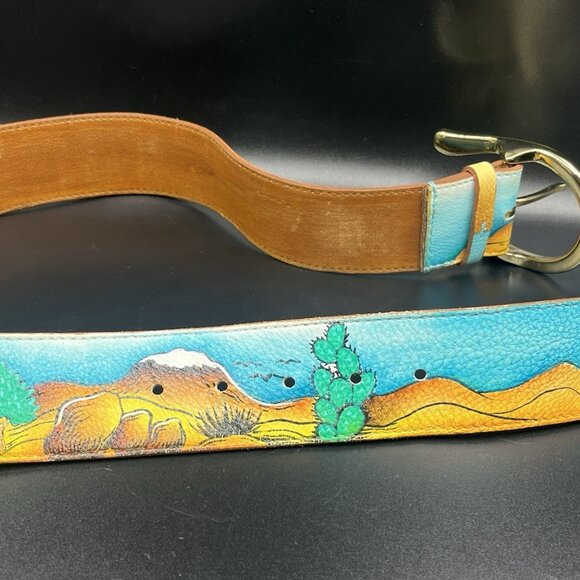 VTG 90s Hand Painted Leather Belt Southwestern Desert Horse Cowgirl L/XL Western